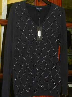 Tommy Hilfiger V Neck Cotton Sweater Navy Argyle detail  Size Small